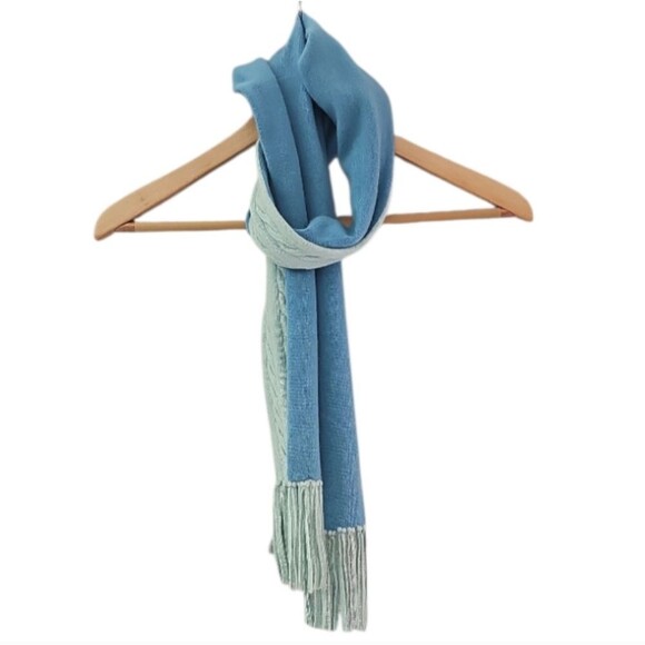Ann Taylor 100% Cashmere Scarf Soft Blue Cable Knit Fringe Wrap Quiet Luxury - Picture 2 of 16